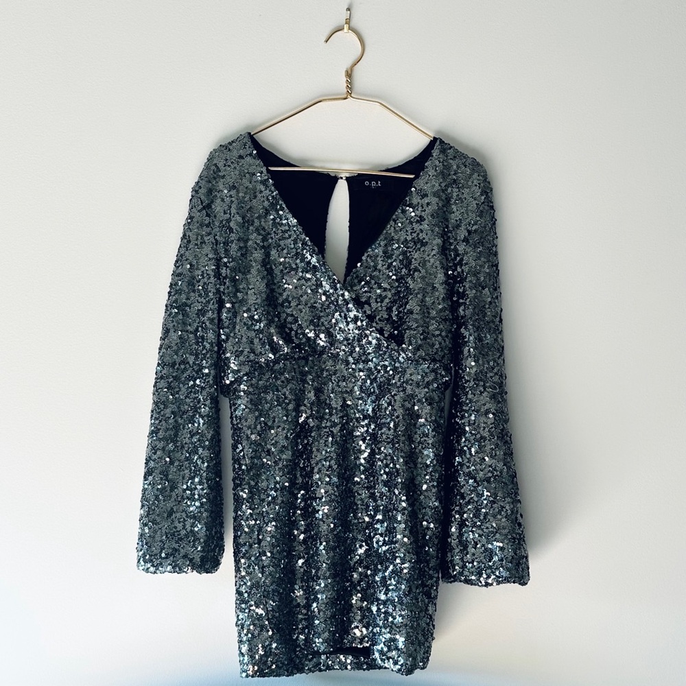 OPT Silver Sequined Holiday Party Mini Dress